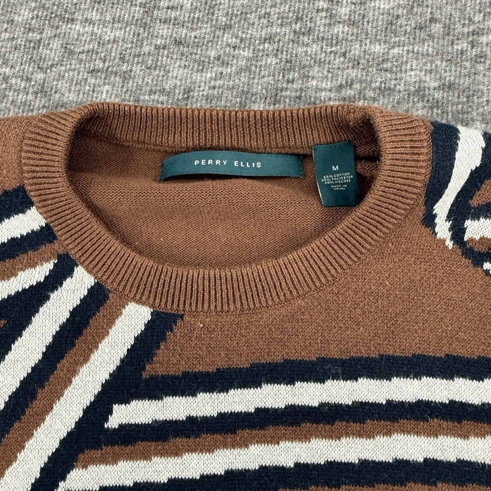 Perry Ellis Mens Brown Abstract Geometric Stripe Crew Neck Sweater Size Medium - Picture 2 of 8
